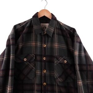 Juneau Plaid Fleece Shirt Jacket Mens XL Green Brown Outdoor Casual Warm Flannel